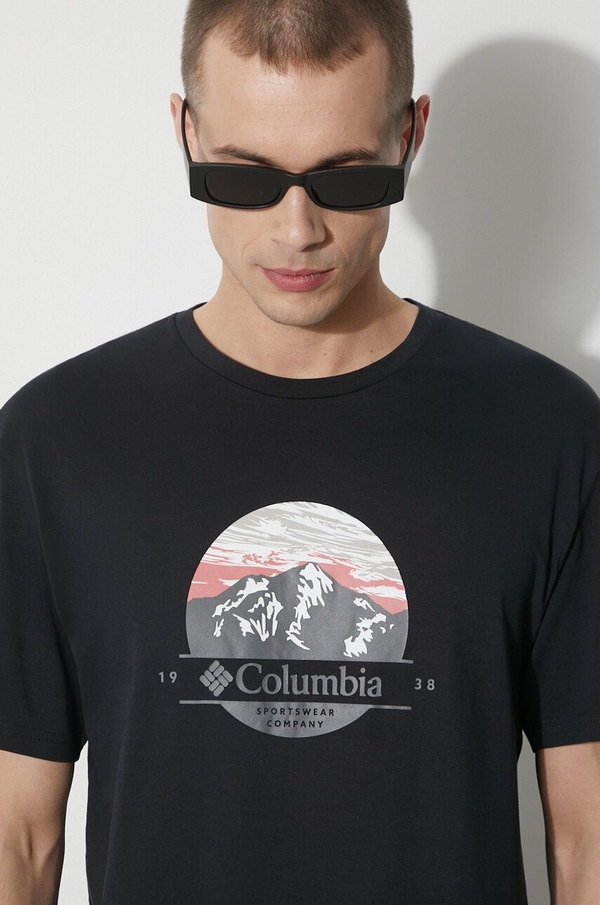 Czarny t-shirt Columbia z nadrukiem z krótkim rękawem z bawełny