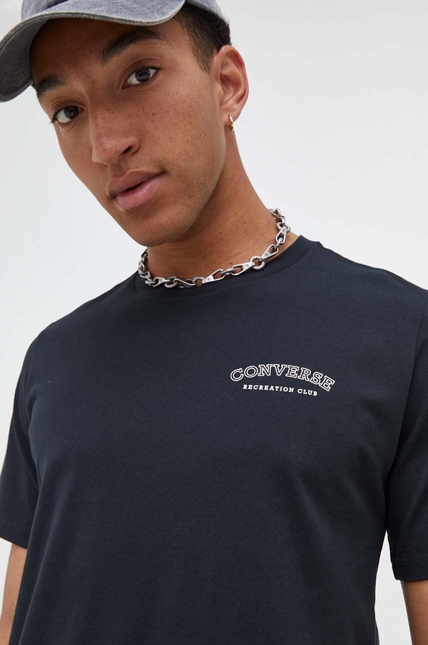 Czarny t-shirt Converse z krótkim rękawem z nadrukiem z bawełny