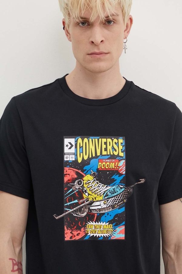 Czarny t-shirt Converse z nadrukiem z bawełny z krótkim rękawem