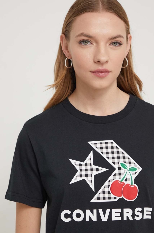 Czarny t-shirt Converse z okrągłym dekoltem z bawełny