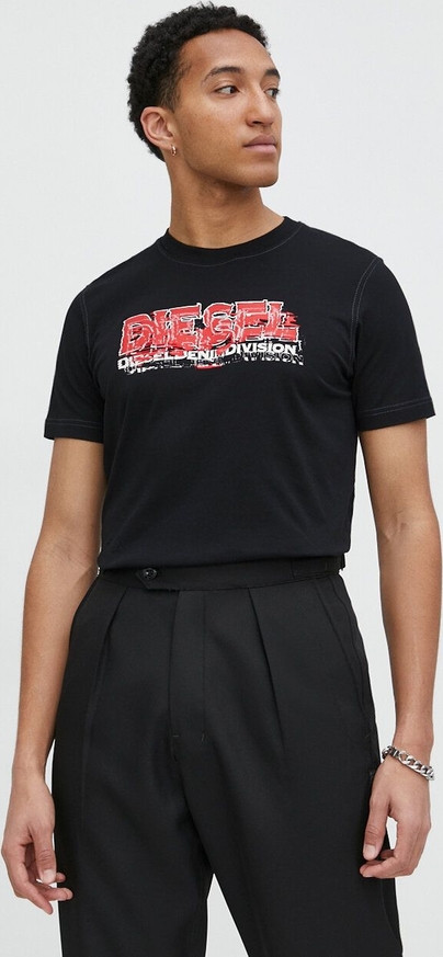 Czarny t-shirt Diesel z bawełny z krótkim rękawem w młodzieżowym stylu