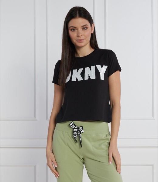 Czarny t-shirt DKNY w młodzieżowym stylu z okrągłym dekoltem z krótkim rękawem