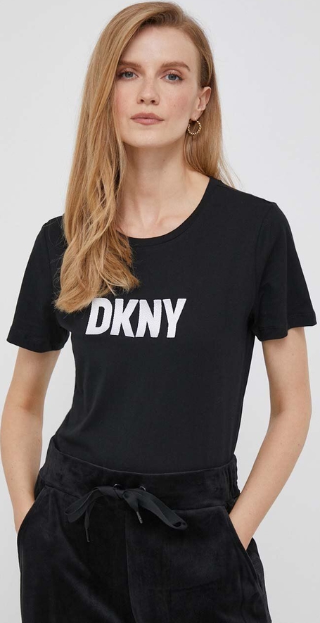 Czarny t-shirt DKNY z bawełny z krótkim rękawem