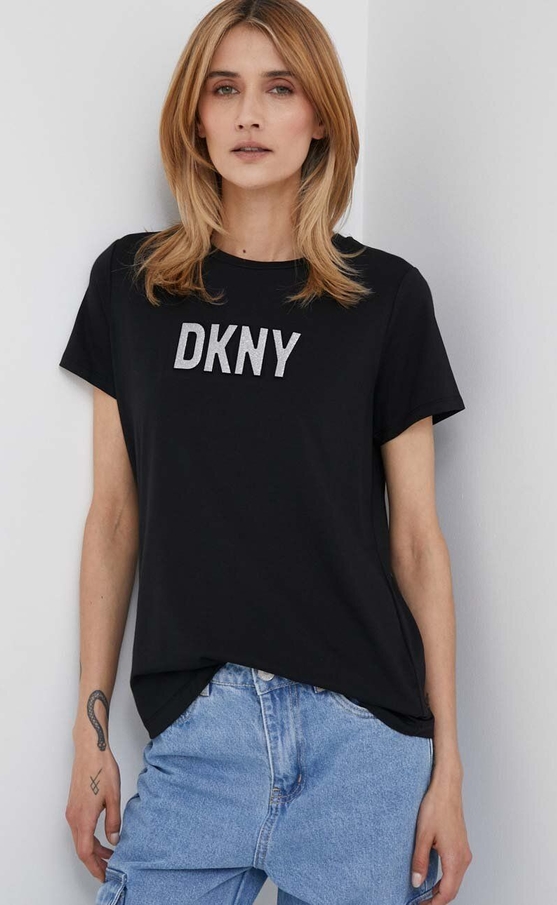 Czarny t-shirt DKNY z krótkim rękawem w młodzieżowym stylu z okrągłym dekoltem