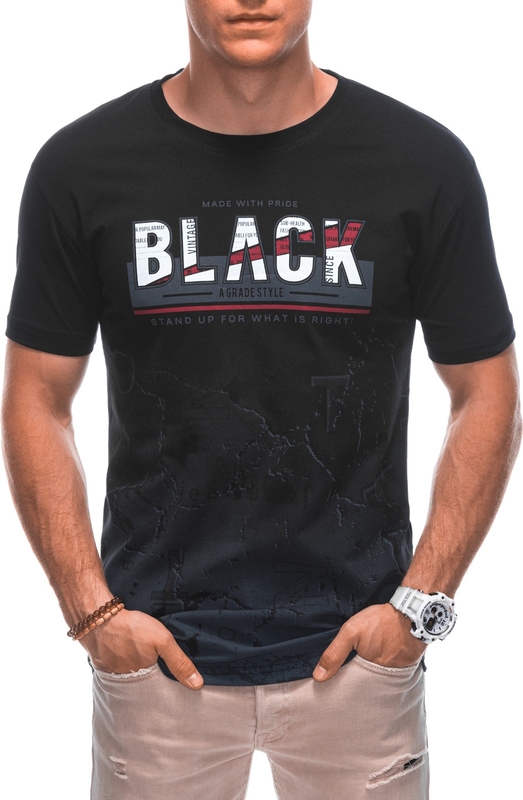 Czarny t-shirt Edoti z nadrukiem z bawełny w stylu klasycznym