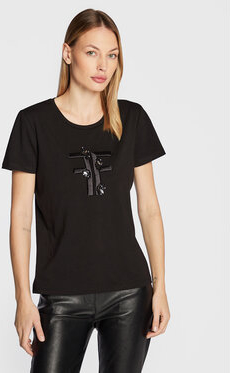 Czarny t-shirt Fracomina z krótkim rękawem z nadrukiem z okrągłym dekoltem