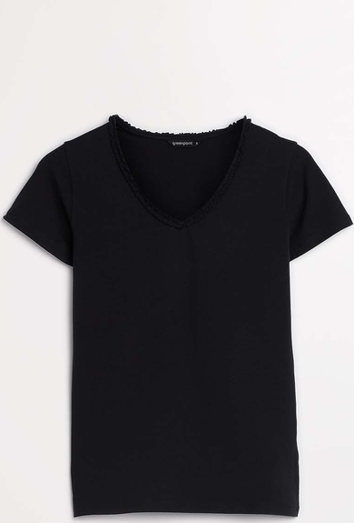 Czarny t-shirt Greenpoint z krótkim rękawem w stylu casual z dekoltem w kształcie litery v