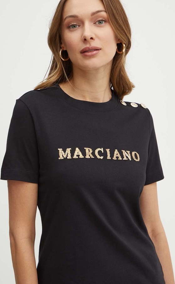 Czarny t-shirt Guess by Marciano w młodzieżowym stylu z krótkim rękawem