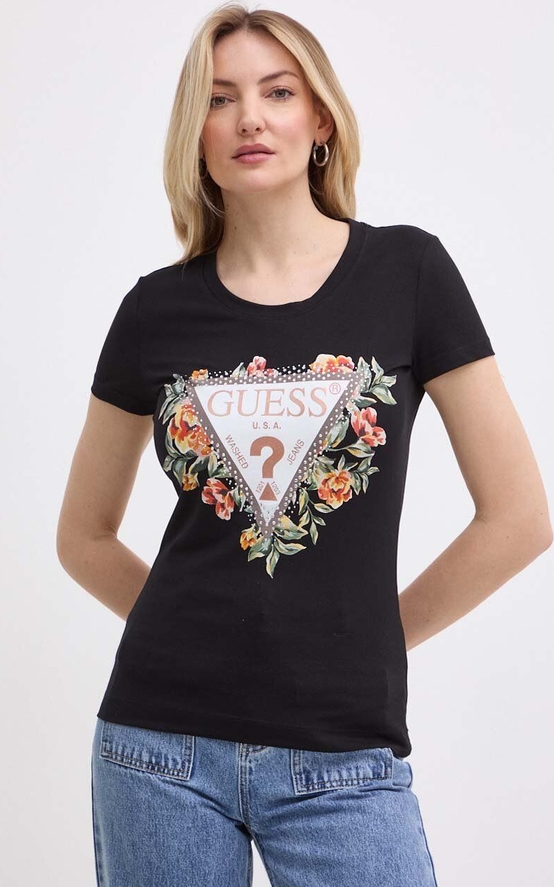 Czarny t-shirt Guess w młodzieżowym stylu z krótkim rękawem z okrągłym dekoltem