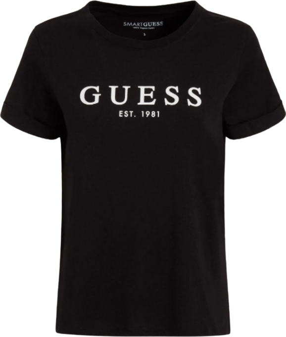 Czarny t-shirt Guess w młodzieżowym stylu z okrągłym dekoltem z bawełny