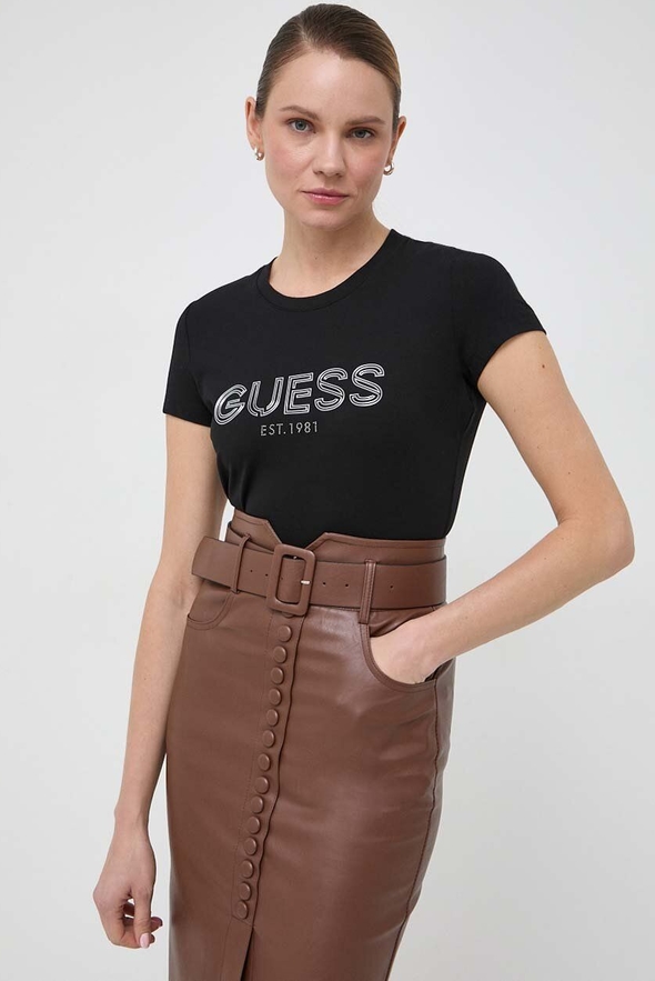 Czarny t-shirt Guess w młodzieżowym stylu z okrągłym dekoltem z krótkim rękawem