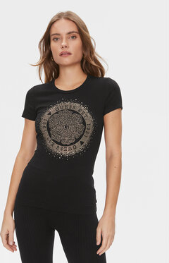 Czarny t-shirt Guess w młodzieżowym stylu z okrągłym dekoltem z nadrukiem