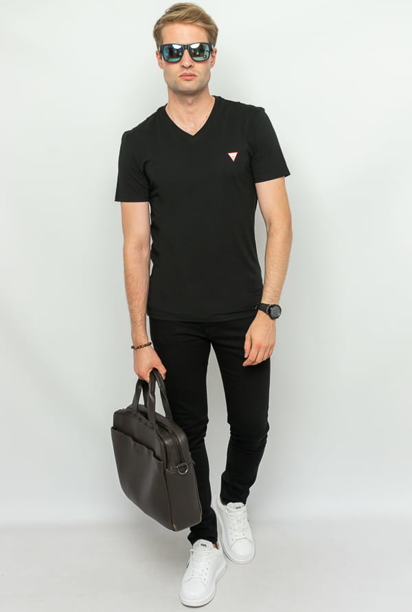 Czarny t-shirt Guess z bawełny z krótkim rękawem w stylu casual
