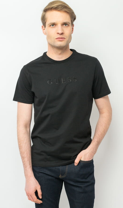 Czarny t-shirt Guess z krótkim rękawem z bawełny