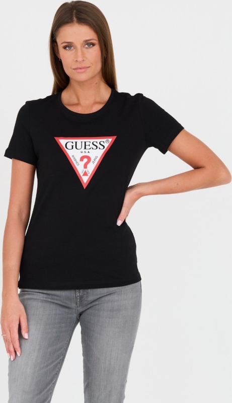 Czarny t-shirt Guess z krótkim rękawem z okrągłym dekoltem