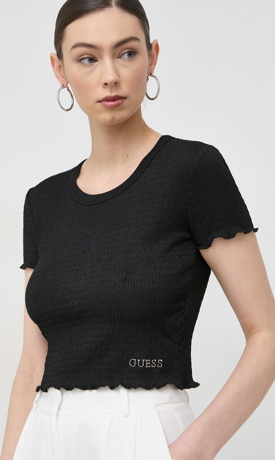 Czarny t-shirt Guess z krótkim rękawem z okrągłym dekoltem w stylu casual