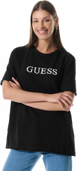 Czarny t-shirt Guess z okrągłym dekoltem w młodzieżowym stylu