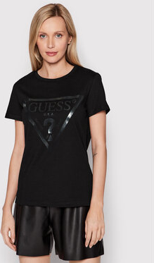 Czarny t-shirt Guess z okrągłym dekoltem w młodzieżowym stylu