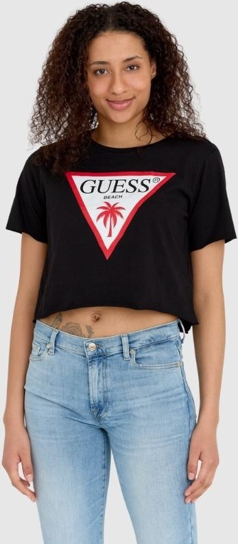 Czarny t-shirt Guess z okrągłym dekoltem w młodzieżowym stylu z krótkim rękawem