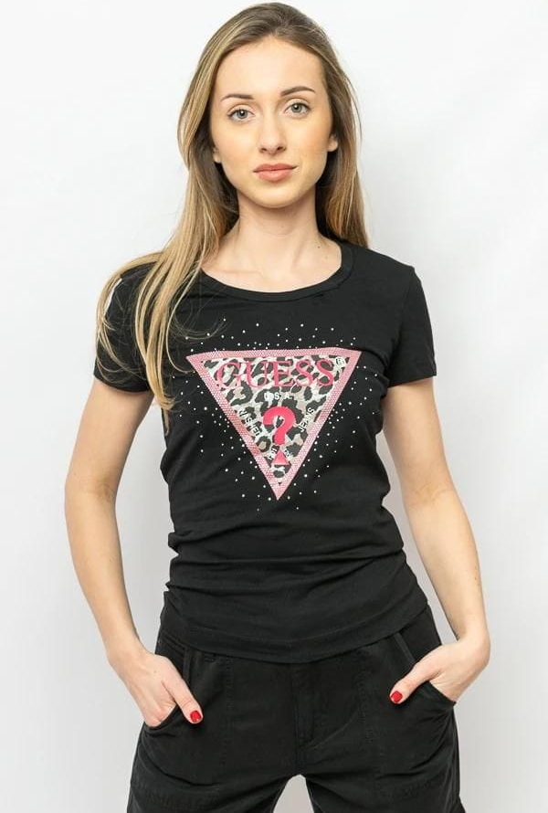 Czarny t-shirt Guess z okrągłym dekoltem w młodzieżowym stylu z nadrukiem