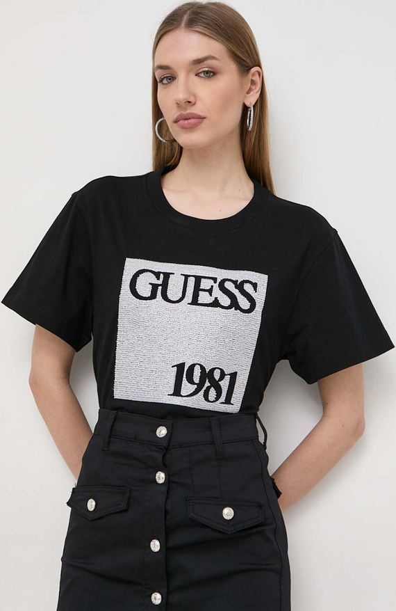 Czarny t-shirt Guess z okrągłym dekoltem z bawełny