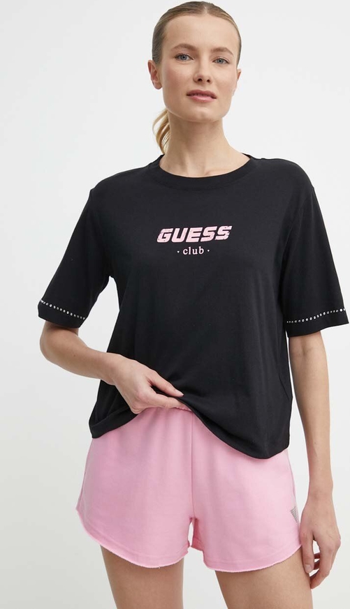 Czarny t-shirt Guess z okrągłym dekoltem z krótkim rękawem