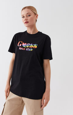 Czarny t-shirt Guess z okrągłym dekoltem z krótkim rękawem w młodzieżowym stylu