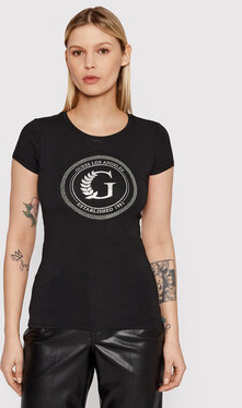 Czarny t-shirt Guess z okrągłym dekoltem z nadrukiem z krótkim rękawem