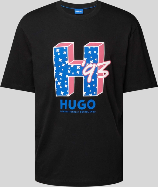 Czarny t-shirt Hugo Blue z nadrukiem w młodzieżowym stylu z krótkim rękawem