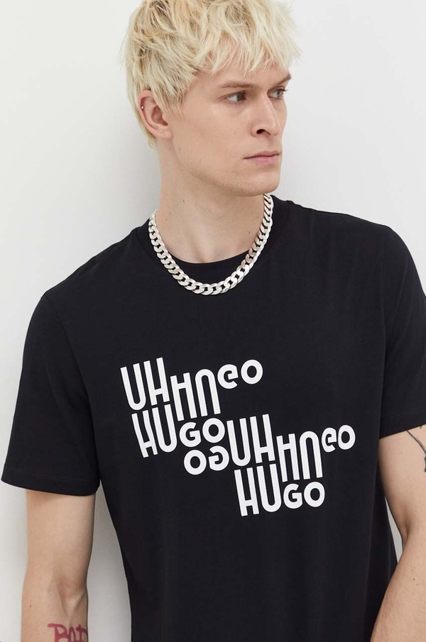 Czarny t-shirt Hugo Boss z bawełny w młodzieżowym stylu z krótkim rękawem