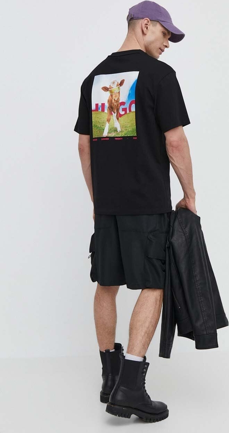 Czarny t-shirt Hugo Boss z bawełny z nadrukiem w młodzieżowym stylu