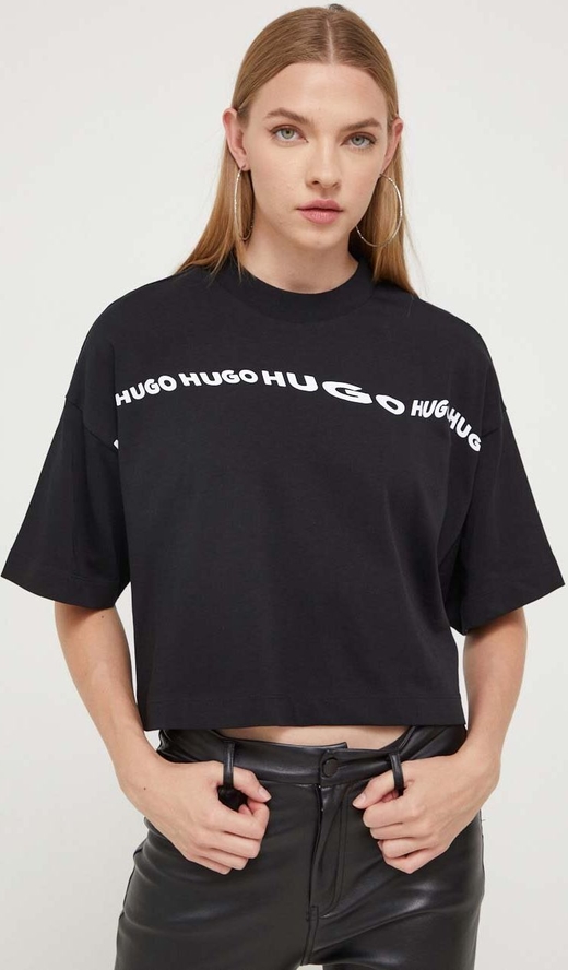 Czarny t-shirt Hugo Boss z krótkim rękawem z okrągłym dekoltem