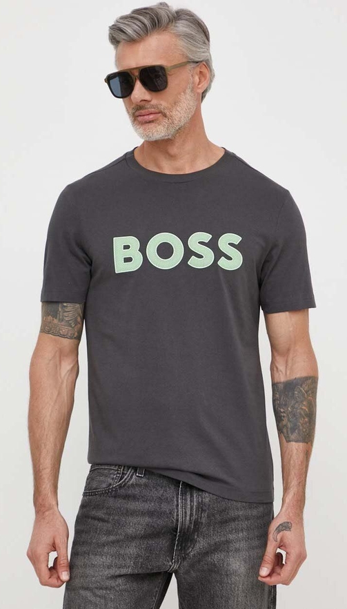Czarny t-shirt Hugo Boss z nadrukiem z bawełny z krótkim rękawem