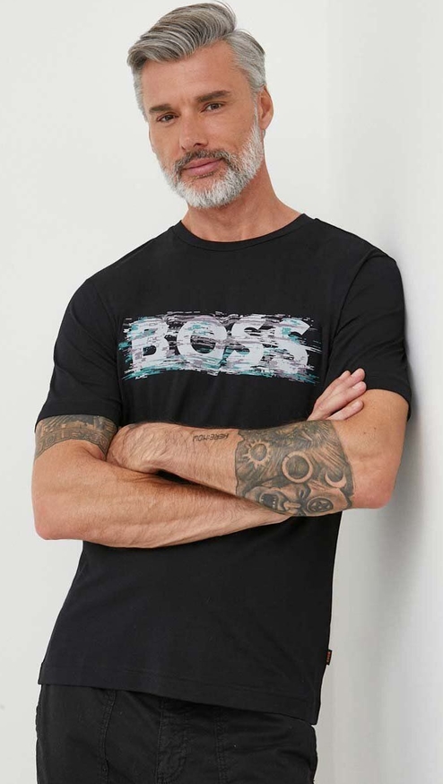 Czarny t-shirt Hugo Boss z nadrukiem z krótkim rękawem w młodzieżowym stylu