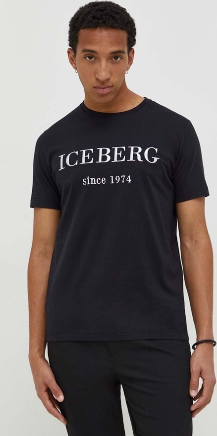 Czarny t-shirt Iceberg z krótkim rękawem z nadrukiem w sportowym stylu