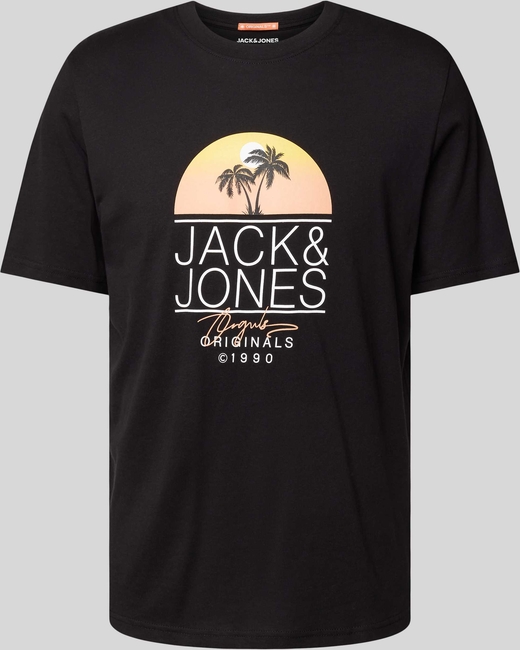 Czarny t-shirt Jack & Jones w młodzieżowym stylu z nadrukiem