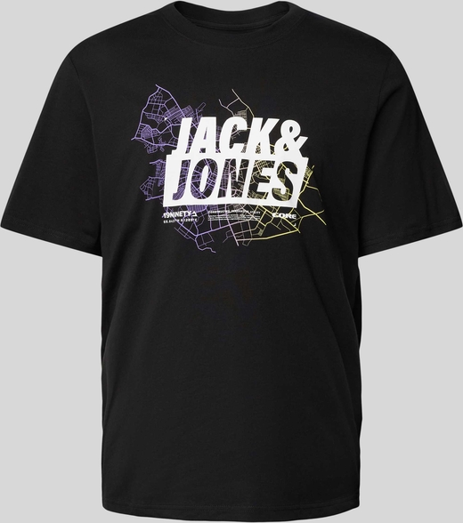 Czarny t-shirt Jack & Jones w młodzieżowym stylu z nadrukiem z bawełny