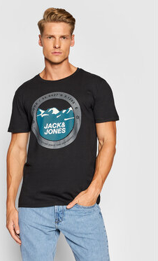 Czarny t-shirt Jack & Jones z nadrukiem z krótkim rękawem w młodzieżowym stylu