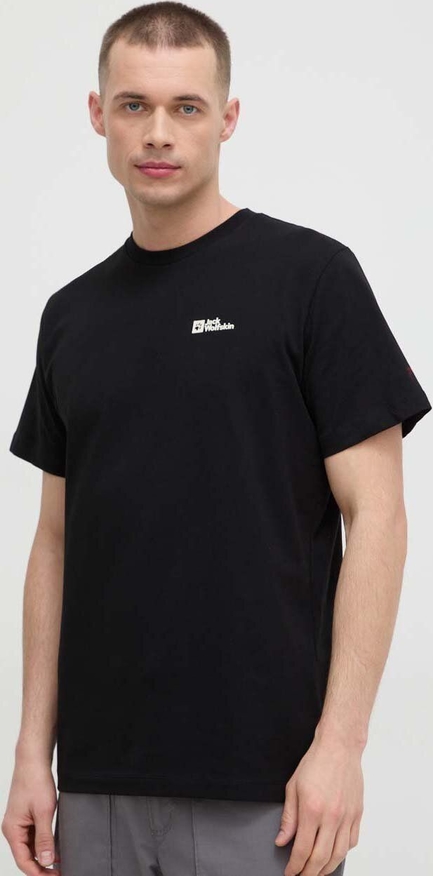 Czarny t-shirt Jack Wolfskin z bawełny z krótkim rękawem w stylu casual