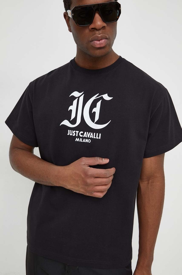Czarny t-shirt Just Cavalli w młodzieżowym stylu z krótkim rękawem z bawełny