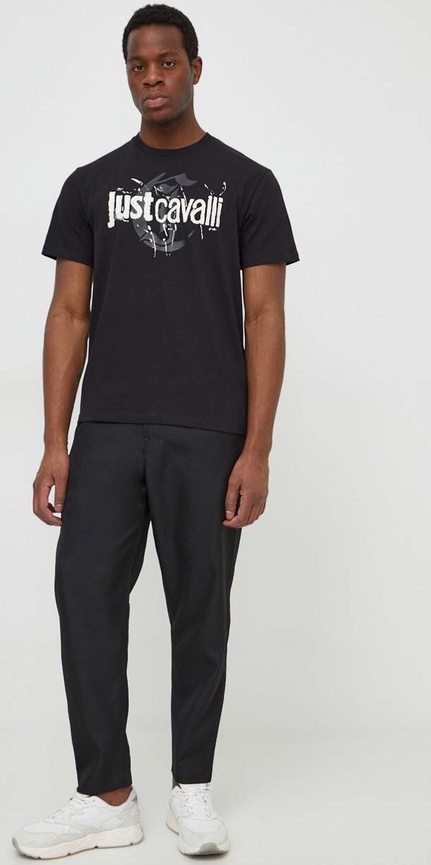 Czarny t-shirt Just Cavalli z nadrukiem z bawełny z krótkim rękawem