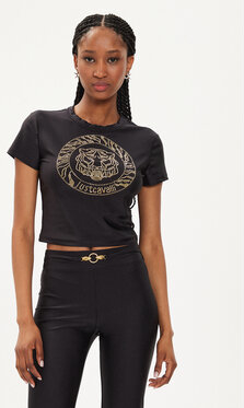 Czarny t-shirt Just Cavalli z okrągłym dekoltem w młodzieżowym stylu z nadrukiem