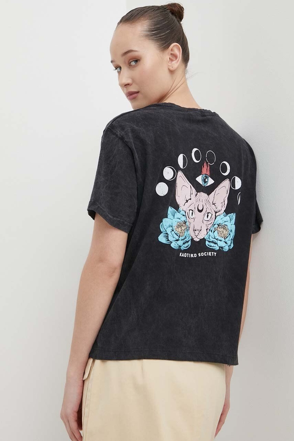 Czarny t-shirt Kaotiko z krótkim rękawem w stylu casual z okrągłym dekoltem