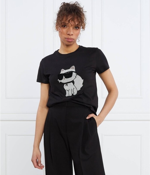 Czarny t-shirt Karl Lagerfeld w młodzieżowym stylu z nadrukiem z krótkim rękawem