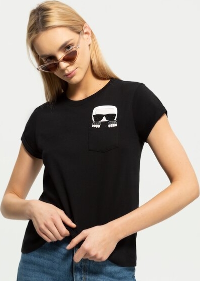 Czarny t-shirt Karl Lagerfeld z krótkim rękawem z okrągłym dekoltem w młodzieżowym stylu