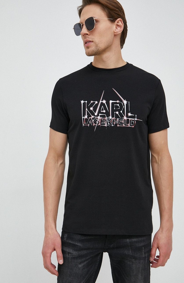 Czarny t-shirt Karl Lagerfeld z nadrukiem w młodzieżowym stylu z krótkim rękawem