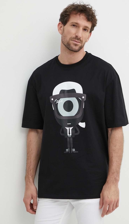 Czarny t-shirt Karl Lagerfeld z nadrukiem z krótkim rękawem z bawełny