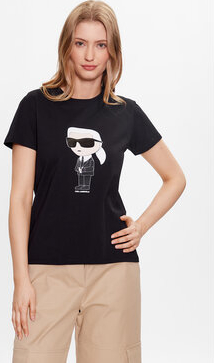 Czarny t-shirt Karl Lagerfeld z okrągłym dekoltem z nadrukiem