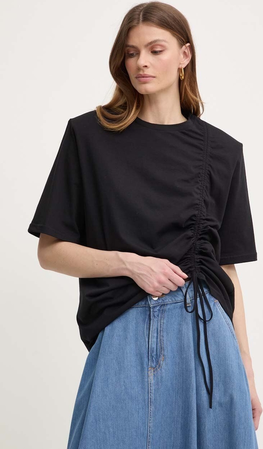 Czarny t-shirt La Mania z bawełny z okrągłym dekoltem z krótkim rękawem