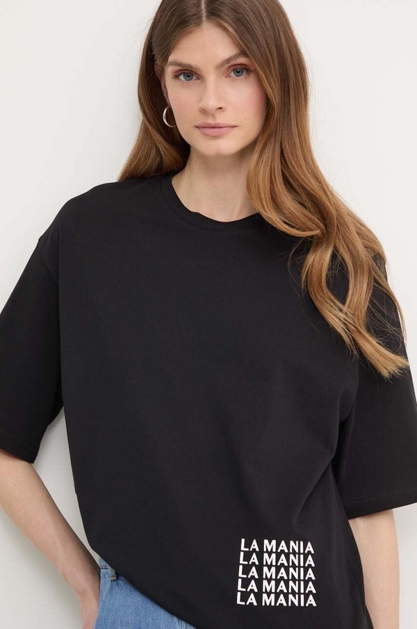 Czarny t-shirt La Mania z krótkim rękawem z okrągłym dekoltem w stylu casual